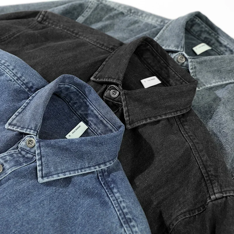 Z757 Japanese Style Casual Men's Denim Shirt Jacket Loose Fit Fall Sleeve-Length Cotton Crew Neck Shirt