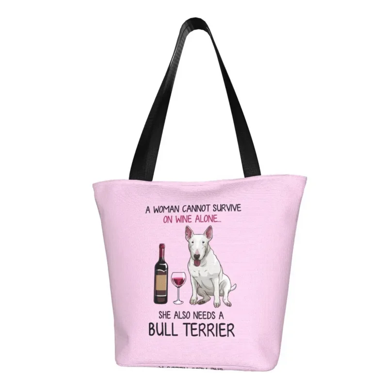 

Bull Terrier And Wine Funny Dog Groceries Shopping Bags Print Canvas Shopper Tote Shoulder Bags Big Capacity Pet Puppy Handbag