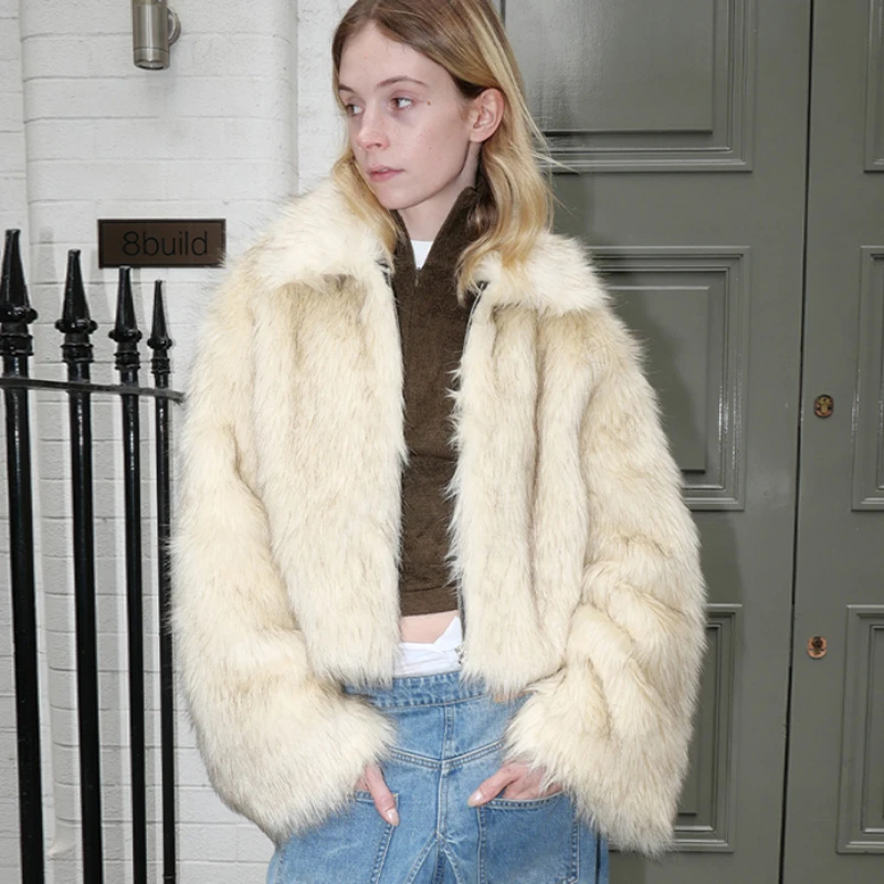 Fashion Fake Fox Fur Jacket Coat Women 2023 Winter Luxury Design Lapel Fur Coats Cool Girls Overcoat Lady Party Elegant Outfits