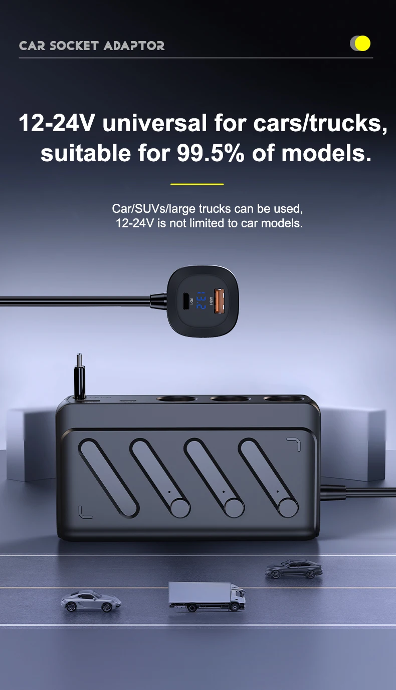 187W Cigarette Lighter Adapter 8 in 1 Cigarette Lighter Splitter 3 Socket Car C