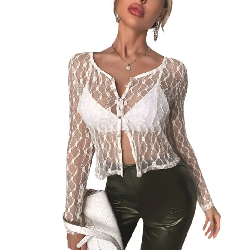 

Summer 2021 Women Sexy See-through Lace Black T-shirt Tops Fashion Round Neck Long Sleeve Slim Button Down Cardigan Streetwear