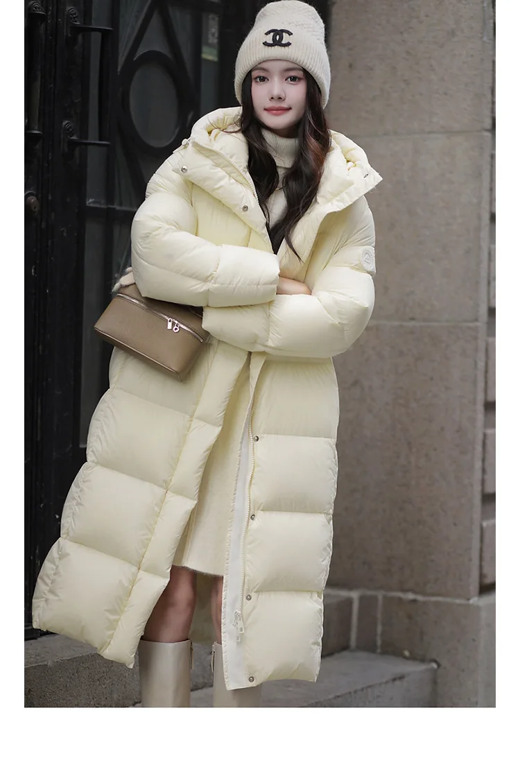Winter High Quality Long Hooded Down Jacket Women White Duck Down Warm Thick Outwear Female Loose Parker Knee Length Down Jacket