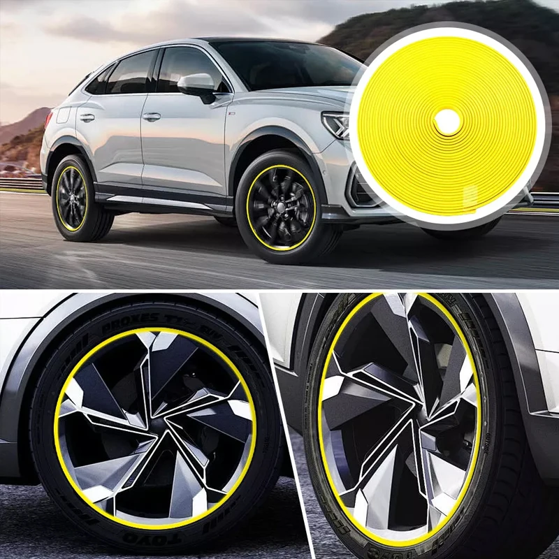 Car Stickers Car Wheel Rim Strip 8M/Roll Rim Blades Car Vehicle Wheel Rims Protectors with Tape Decor Strip Tire Guard Line Rubber Mounding Trim Car Stickers