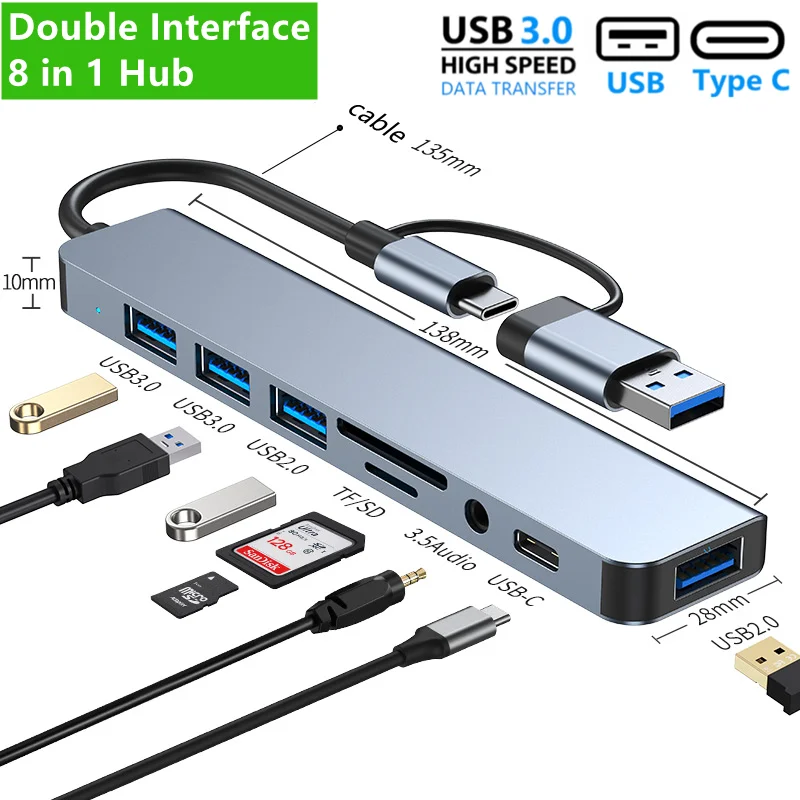 2 in 1 4/5/7/8 Port USB C Expander USB 3 Hub Type C Splitter Type C