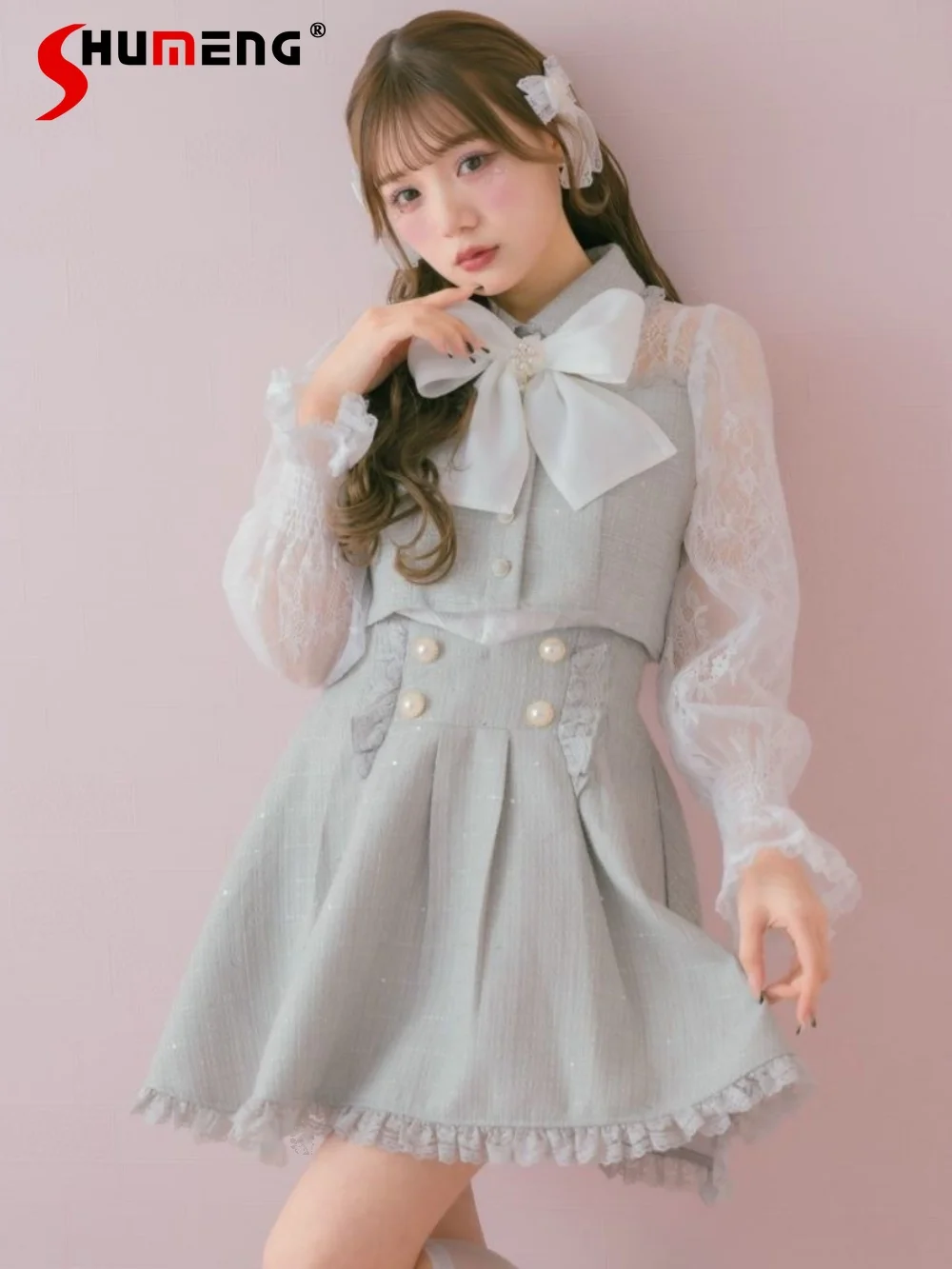 Japanese Style Lolita Shirt Ladies Clothing 2024 Spring New Flying Sleeve Slim Tweed Fake Two Lace Stitching Shirts for Women