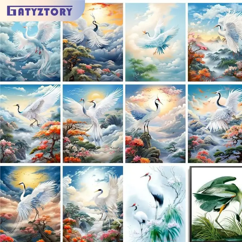 

GATYZTORY Diy Paint By Numbers On Canvas White Crane Landscape Pictures On Number Painting Decors Crafts Flower Art Supplies