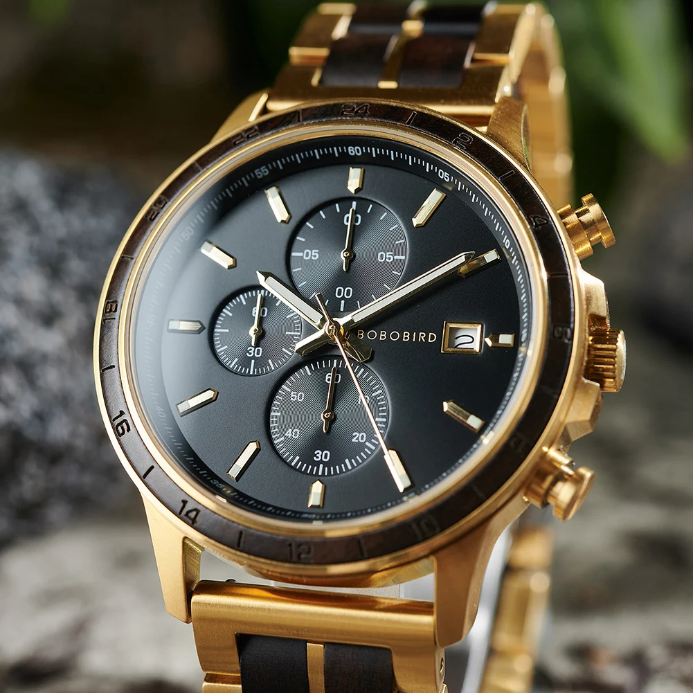 BOBO BIRD Men's Wooden Watch Classic Chronograph Military Watches New Top Quartz Wristwatch Japanese Movement Custom Gift Box