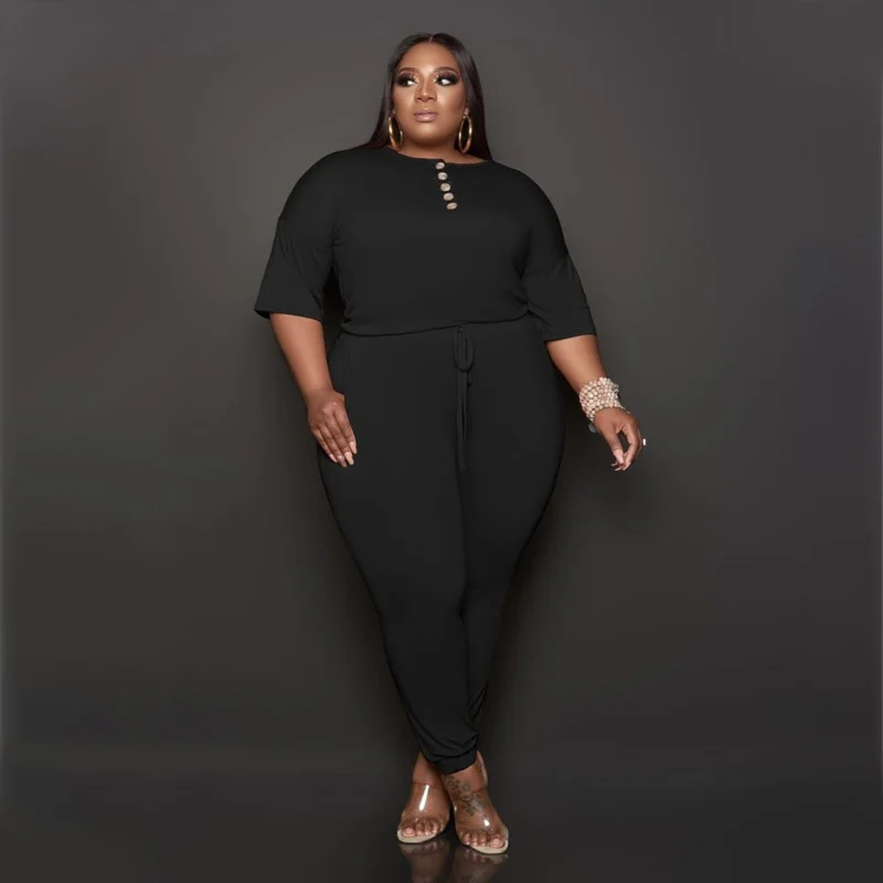 

Fashion New Solid Relaxed Round Neck Button Pocket Lace up Short Sleeve Elastic Waist Slim Fit Women's Bodysuit