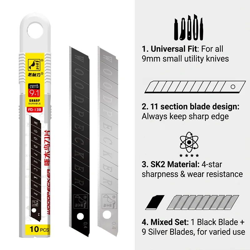 9mm 폭 0.4mm 두께 유틸리티 나이프 블레이드 9개 실버 1개 블랙 SK2 스틸 60 ° 종이 절단용 날카로운 팁 교체 블레이드