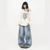 Retro American Graffiti Distressed Knife Edge Jeans Loose Straight Leg Wide Leg Pants for Men And Women Spring New Design
