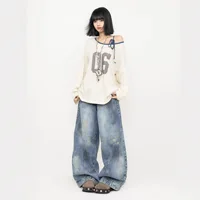 Retro American Graffiti Distressed Knife Edge Jeans Loose Straight Leg Wide Leg Pants for Men And Women Spring New Design