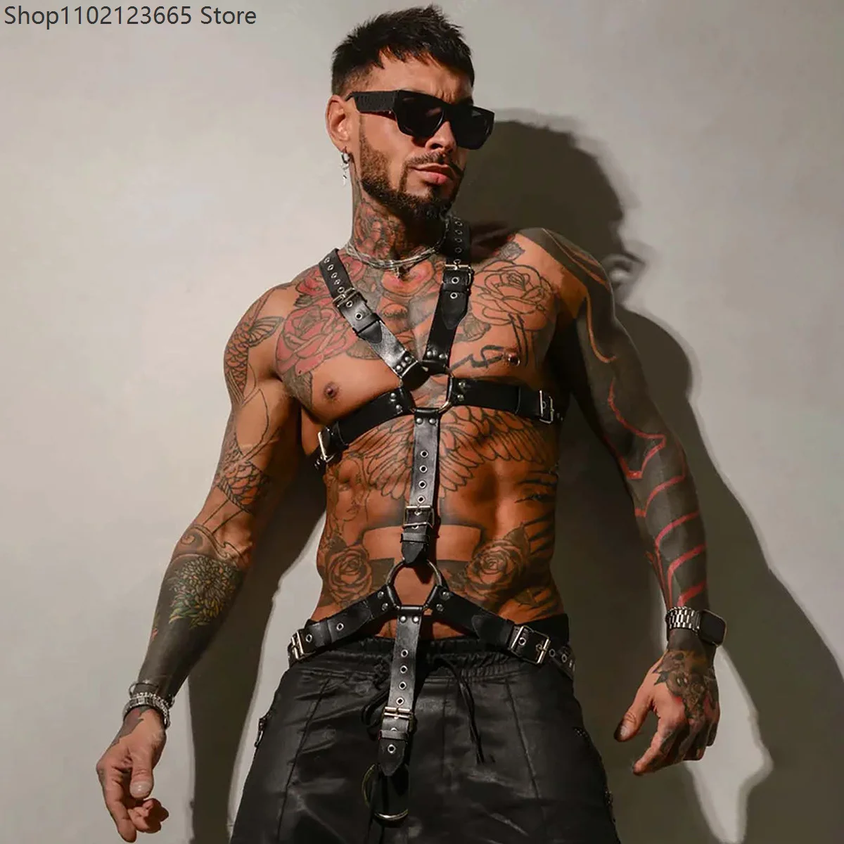 Imbracatura in pelle regolabile da uomo, stile Goth Punk, per cosplay, cintura pettorale con cinghie e O-ring, accessori per festival e rave. - immagine 4
