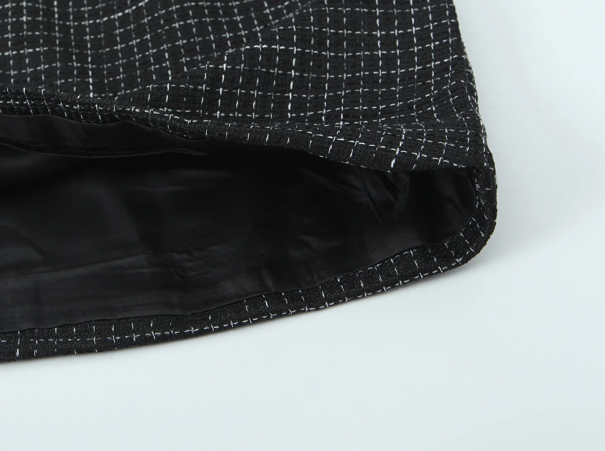 French Style Retro V collar Plaid Woven Tweed Blazer + High Waist Mini Short Skirts Suits 2 pieces 1 Set Black White