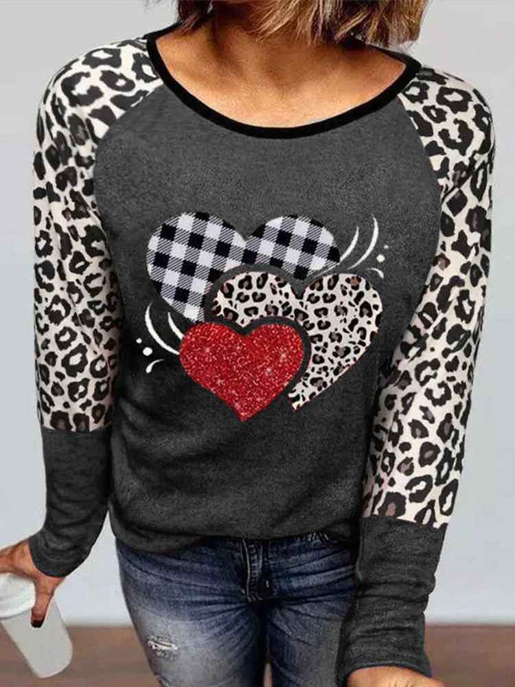 

Women's Valentine's Day T-Shirt Leopard Stripe Splicing Long Sleeve Raglans Shirt Glitter Love Heart Printed Plaid Graphic Tees