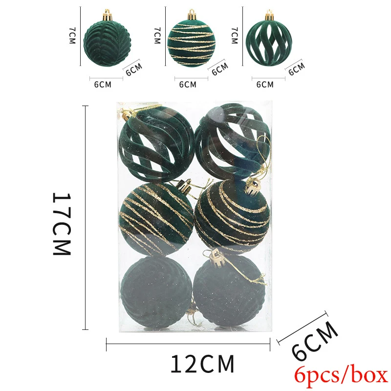 thumbnail image 1 of Juego de 6 bolas navideñas flocadas, color burdeos, blanco y verde, para colgar en el árbol de Navidad, decoración del hogar para Año Nuevo, 1 of 5