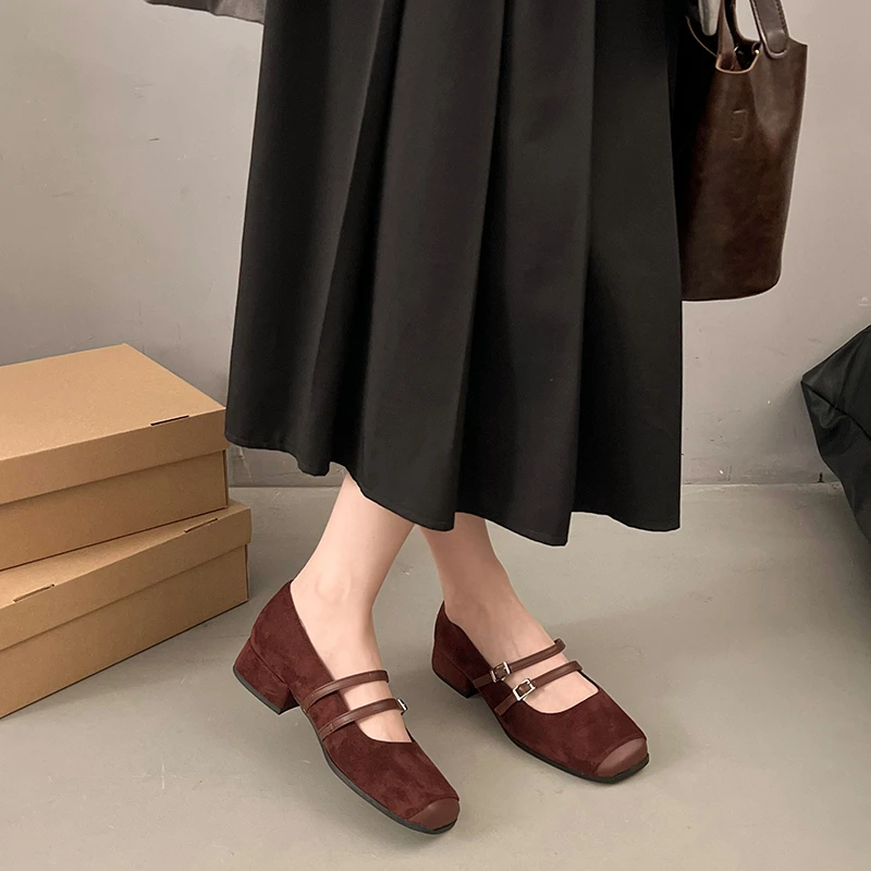 Aphixta Loafers Wine Red 3cm Square Heels Shoes Non-slip Women Buckle Design Sweet Woman Shoes Classic Autumn Marry Janes