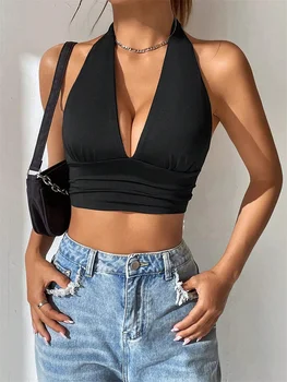 Senza maniche Backless Profondo scollo a V Halter Top Donna Estate 2024 Club Party Sexy Tinta unita Crop Top Streetwear Y2K Vestiti 1