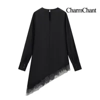 CharmChant Black Satin Asymmetrical Lace Long-Sleeve Shirt for Women Y2k Harajuku Fashion Elegant Sleeveless Shirt Blouse Female - Image 2