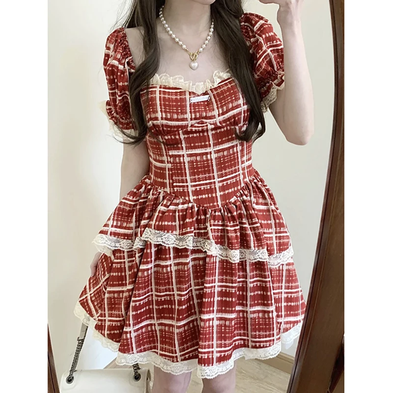 

Vintage Elegant Red Plaid Dress Women Lace France Sweet Party Mini Dress Female A-Line Retro Kawaii Strap Dress Summer 2023