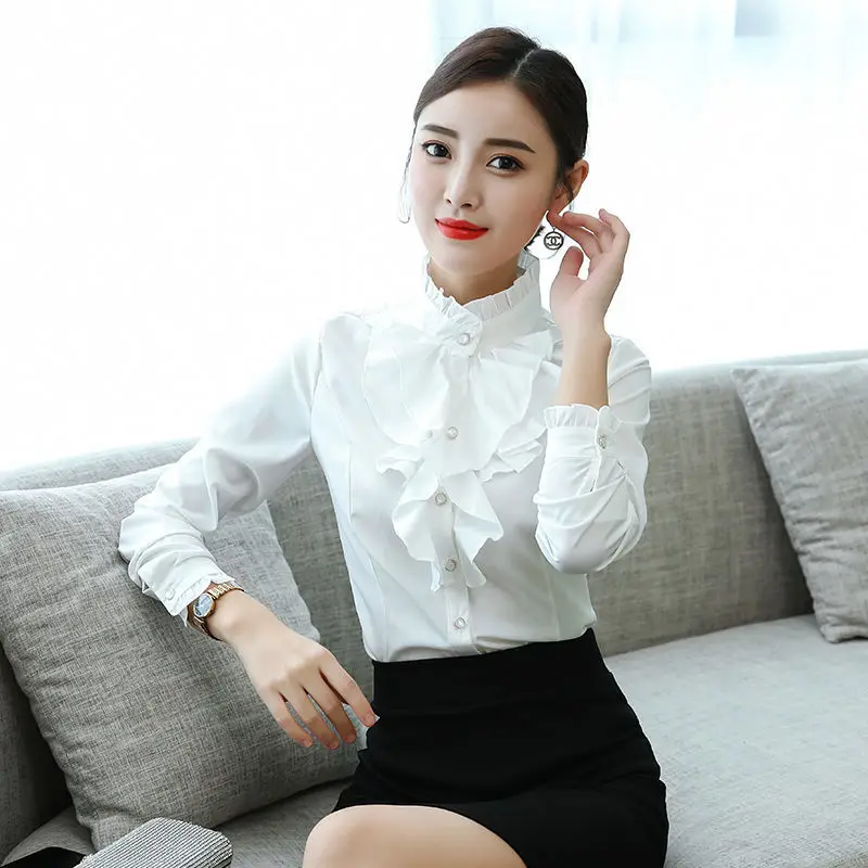 Patchwork Long Sleeve Blouses Fashion Loose Casual Ruffles Temperament Office Lady Simplicity Elegant Buttons Women Clothing