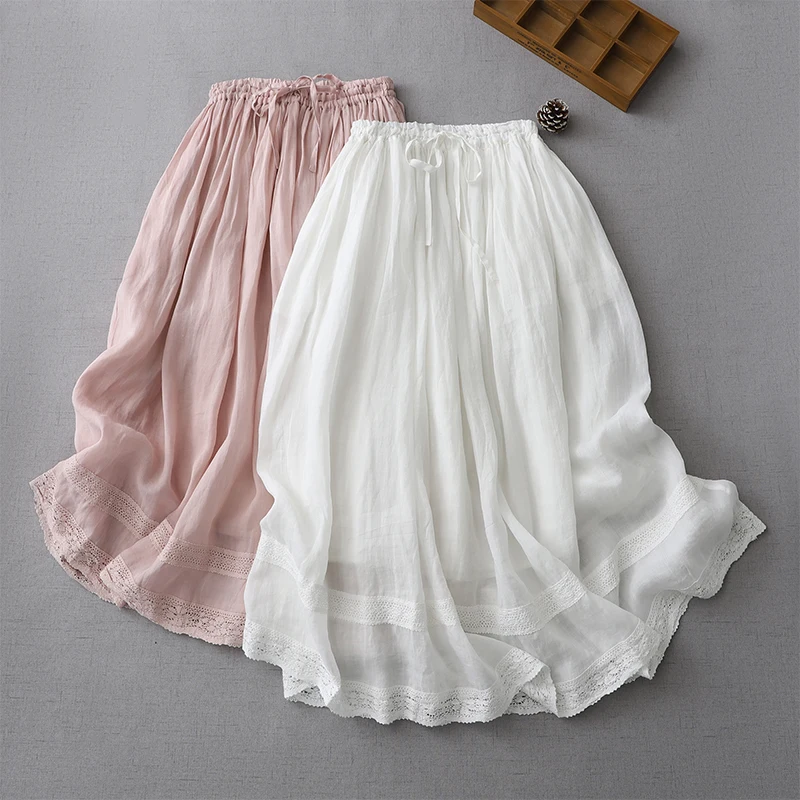 Women's A-Line Midi Skirt Elastic Waist Embroidered Thin Cotton Linen Spring Summer Pure Color Dstring f-length Skirt