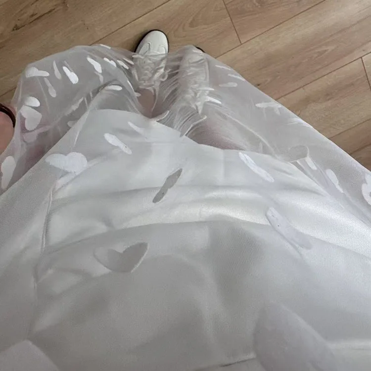 Long Mesh T Shirt Dress For Women Short Sleeve Heart Tulle Fake Two Piece Dresses WOmen's White Loose Maxi Dress With Heart Red