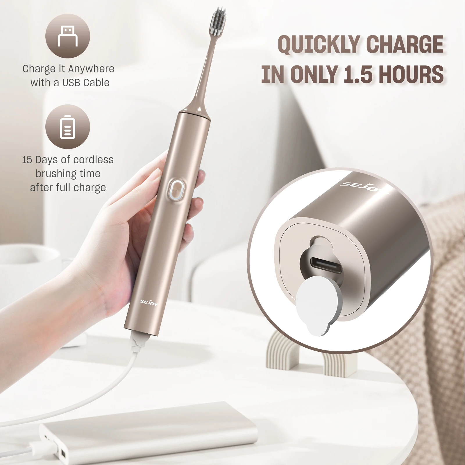 Sejoy T512 Electric Toothbrush for Adults with 4 Brush Heads Ultrasonic Tooth brush 4 Modes Rechargeable Waterproof 2