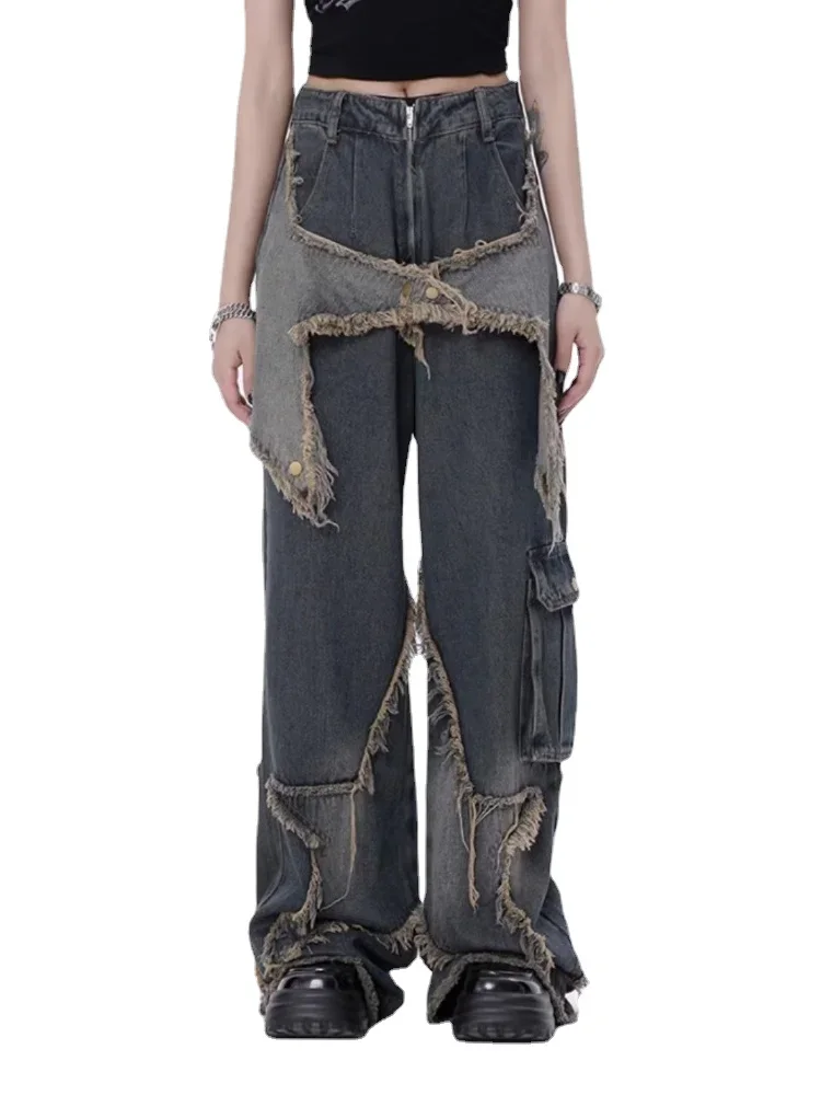 

Gothic style Y2K retro broken holes jeans female new irregular design sense high waist thin wide-legged dragging trousers 30343