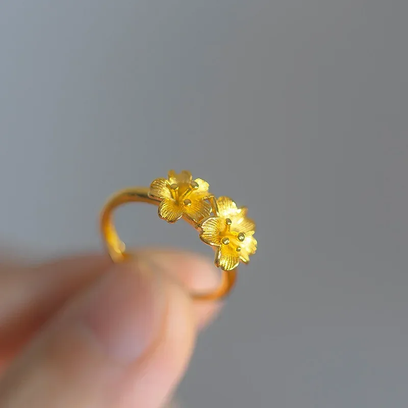 Soild K Gold color Vintage Double Flower Ring for Women Adjustable