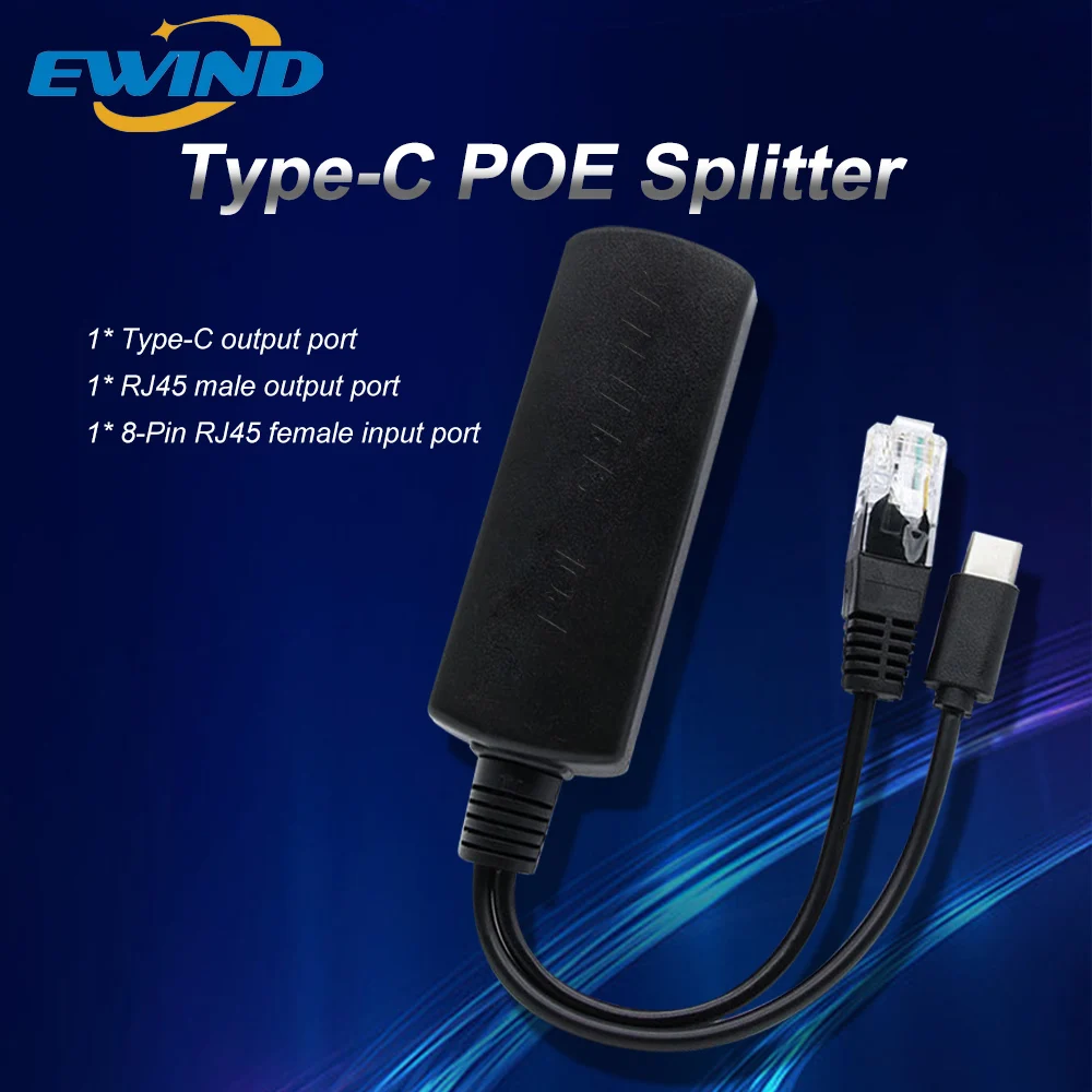 

EWIND POE Splitter 10/100/1000Mbps Type-C IEEE802.3af DC44-57V To 5V 3A Power Supply for IP Camera Wireless AP or Non-POE Device