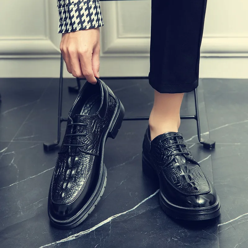 Office Leather Shoes British Men's Derby Shoes Crocodile Oxford Dress