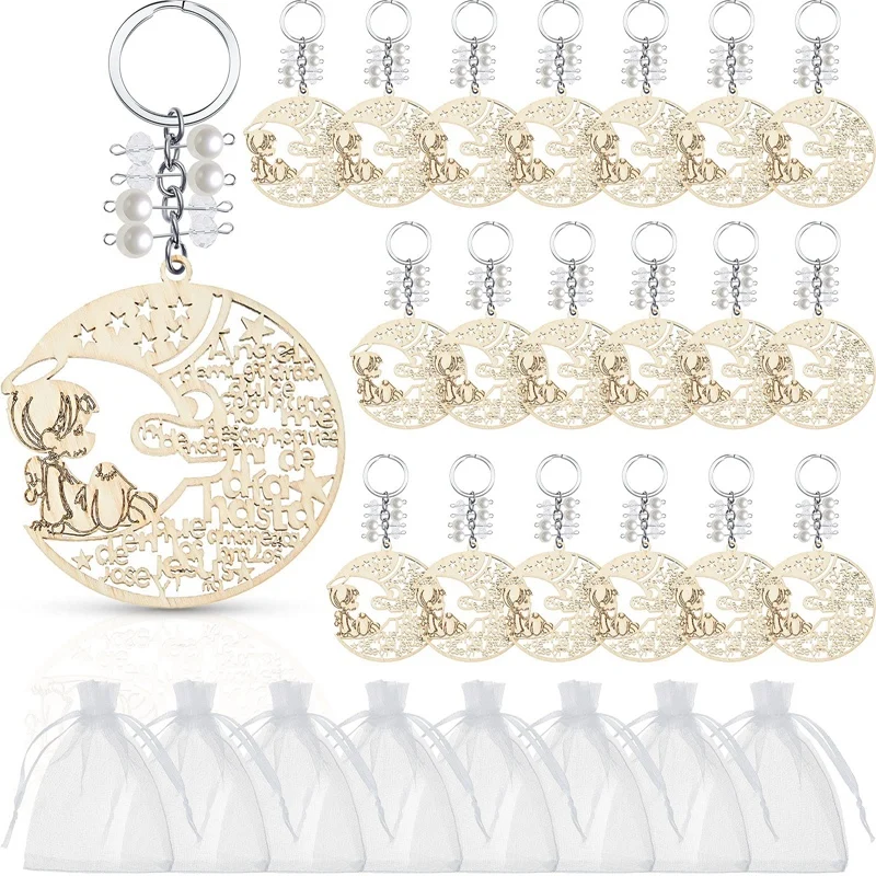 

Baptism Wood Keychains Angle Moon Design Baptism Favors With Organza Bags For Boy Girl Baby Shower Baptism Supplies