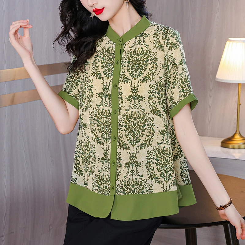 2024 Summer Large Women's Wear Nobl Elegant Simple Fashionable Printed Commuter Loose Chiffon Short Sleeved Shirt for Women