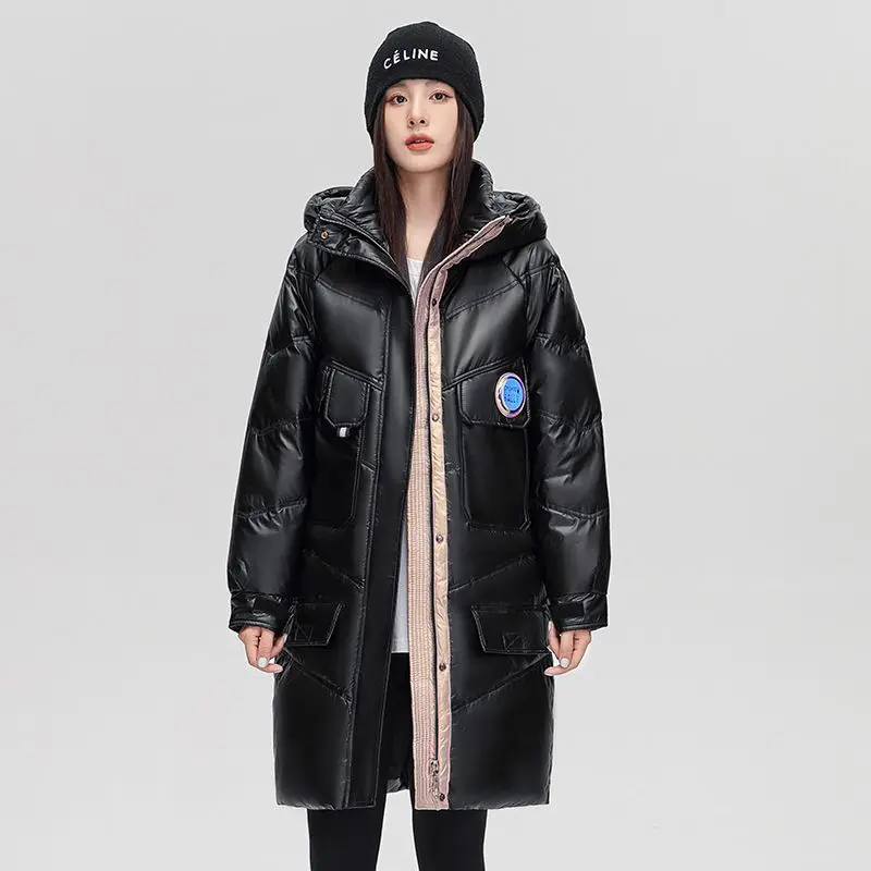Women Down Jacket Black Long Down Coat Skiing Jackets for Women Loose Hooded Advanced Korean Intensification Feather Coats Short