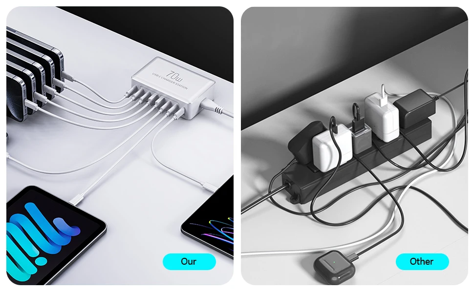USB 케이블이 있는 멀티 USB 충전기, 휴대폰 다중 USB 충전기, 70W, 8 포트