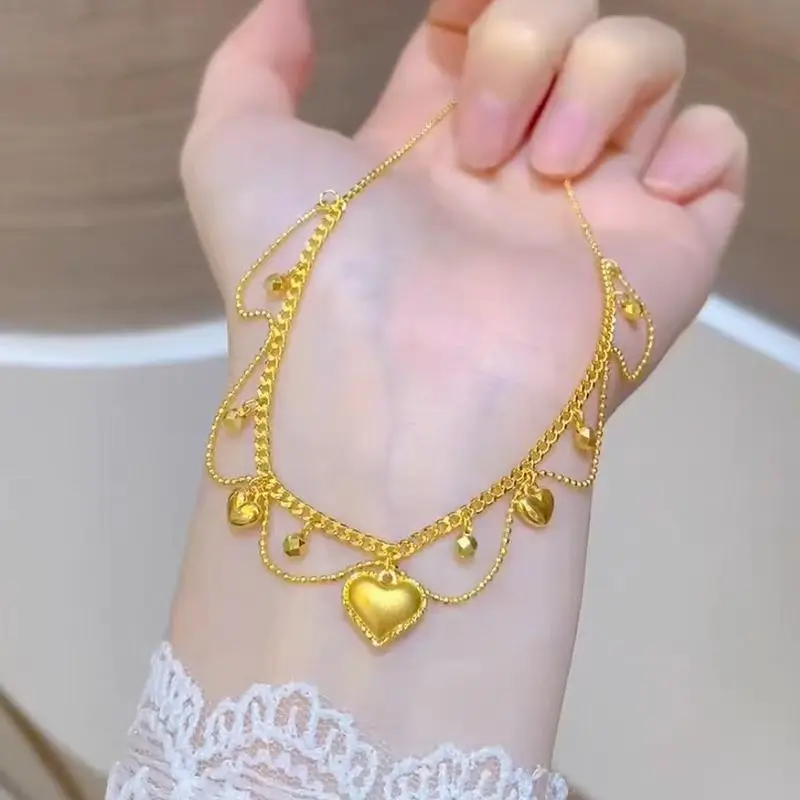 9999 24K Real Gold Tassel Lace Heart Necklace for Women Heart Integrated Collarbone Necklace