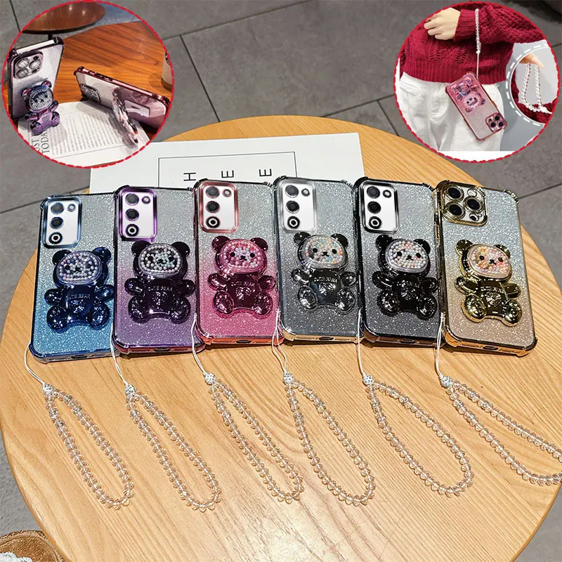 Shockproof Phone Case with 3D Bear Stand & Glitter Chain Lanyard