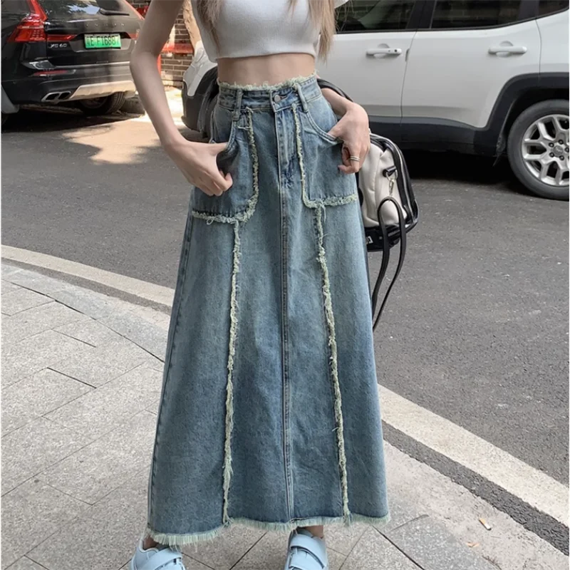 

Women's Raw Edge Stitching Jeans Skirts, Long Cowboy Skirt, Loose High Waist Tassel, A-Line, Spring, Summer, New Fashion, 2023