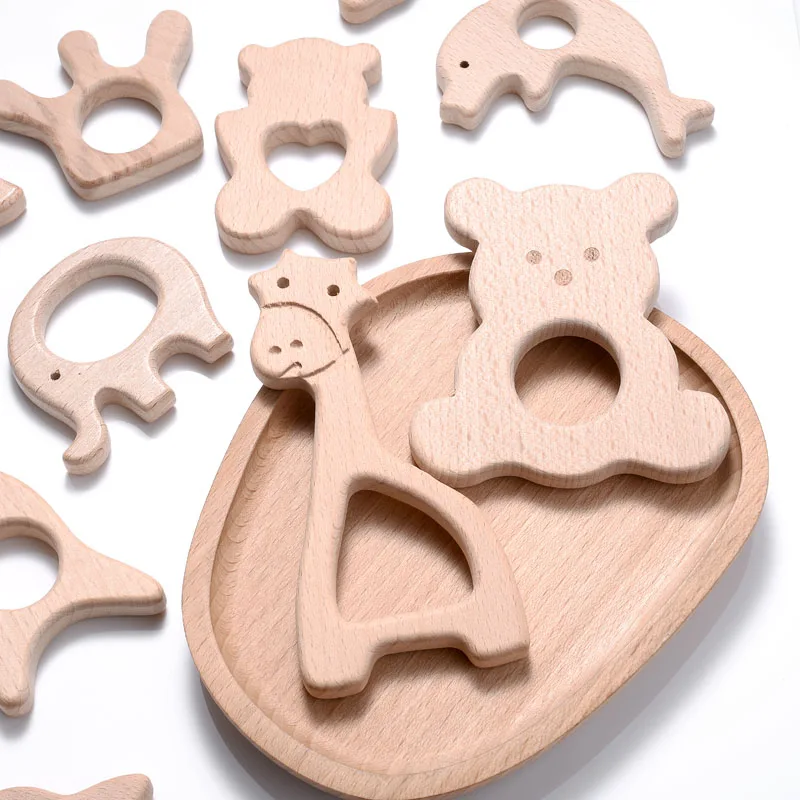 5Pcs/Lot Baby Pacifier Chain Chew Accessories Animal Shape Natural Beech Teething Wooden Teether Pendant Accessories 3