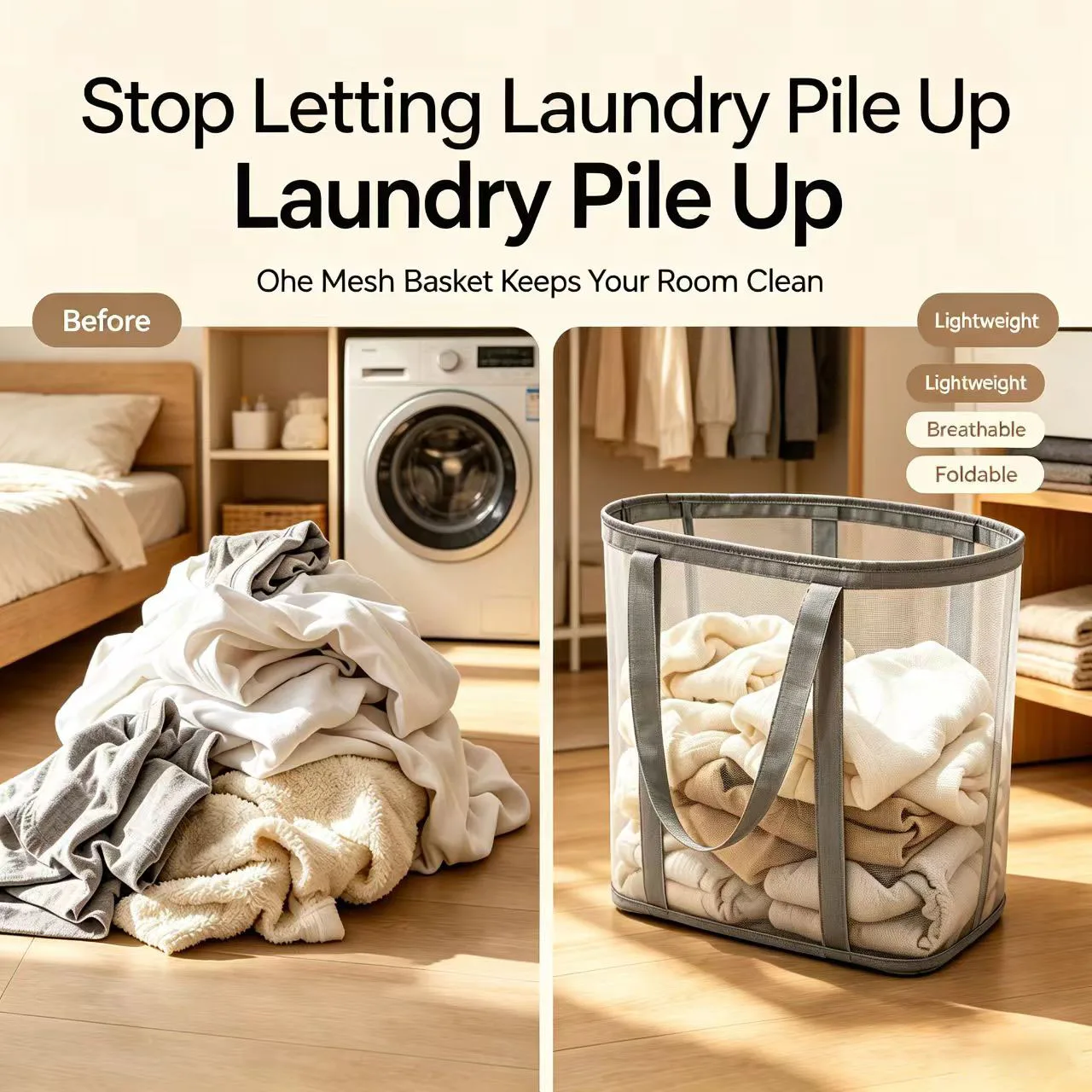 Foldable Mesh Laundry Basket with Reinforced Handle - Large Capacity Multi-Functional Storage Organizer