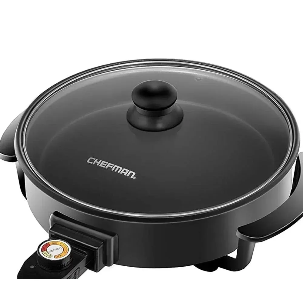Electric Skillet 12 Inch Frying Pan Non-Stick Coating Temperature Control Tempered Glass Lid Cool-Touch Handles Knob