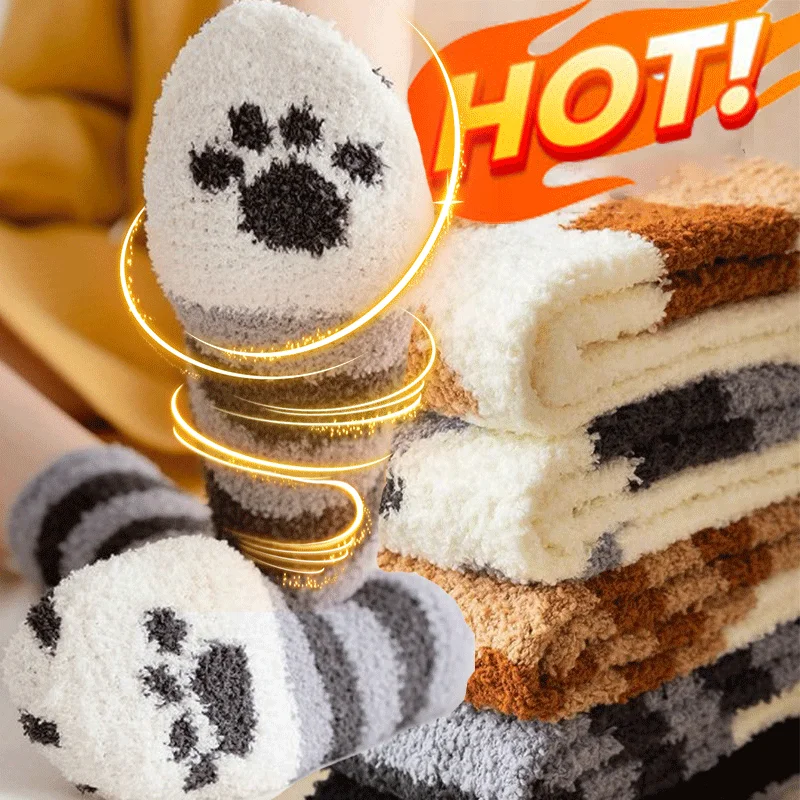 

5/1Pairs New Wool Woman Socks Thicken Warm Cat Paw Cartoon Women Cute Sleeping Home Floor Bedroom Sock Harajuku Kawaii