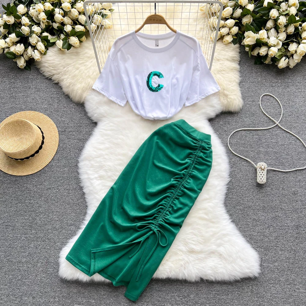 

Korean fashion summer loose short sleeve letter Sequin T-shirt high waist pleated split skirt two piece set