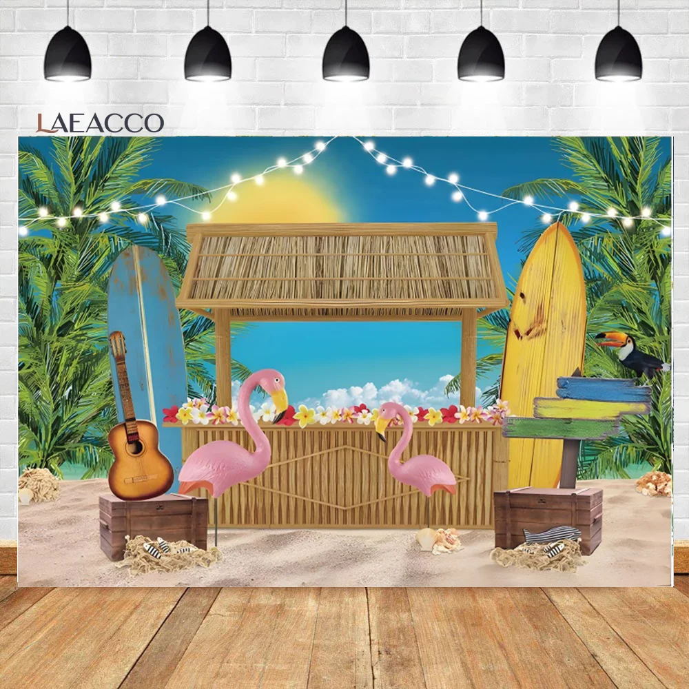 

Laeacco Summer Flamingo Beach Party Backdrop Tropical Seaside Surfs Up Kids Adults Birthday Portrait Photography Background