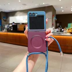 Fashion Gradient Silicone Case with Strap and MagSafe Compatibility - Shockproof Cover for Galaxy Z Flip 6 (Blue Purple)