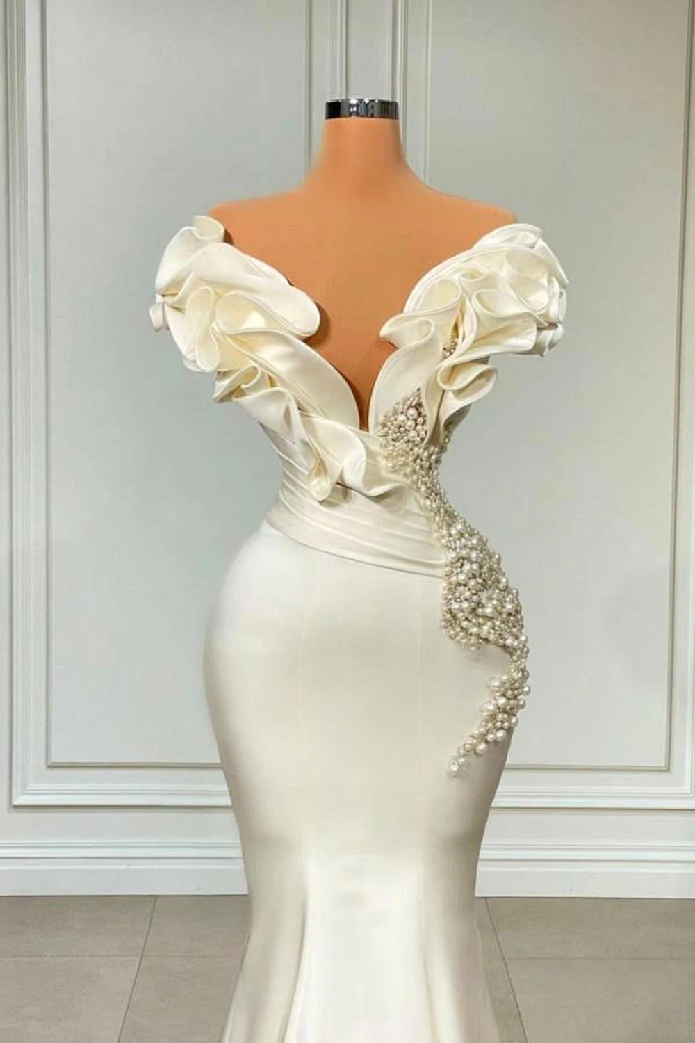 Robe de Soirée Longue de Forme Sirène pour Femme, Tenue de Luxe Plissée avec Perles, à Volants, pour Occasions Formelles, 2023