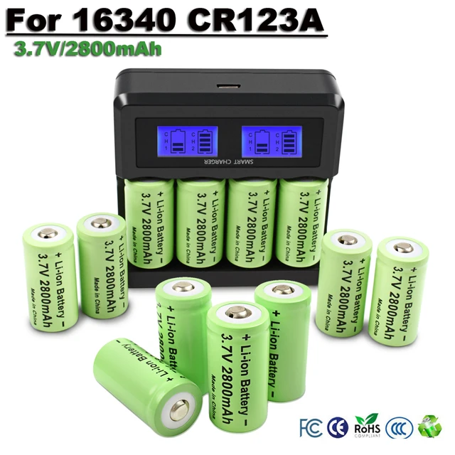 2800mAh 16340 Battery 3.7V Rechargeable Battery 4Pcs CR123A Battery For Security Camera Flashlight Battery With LCD Charger 1