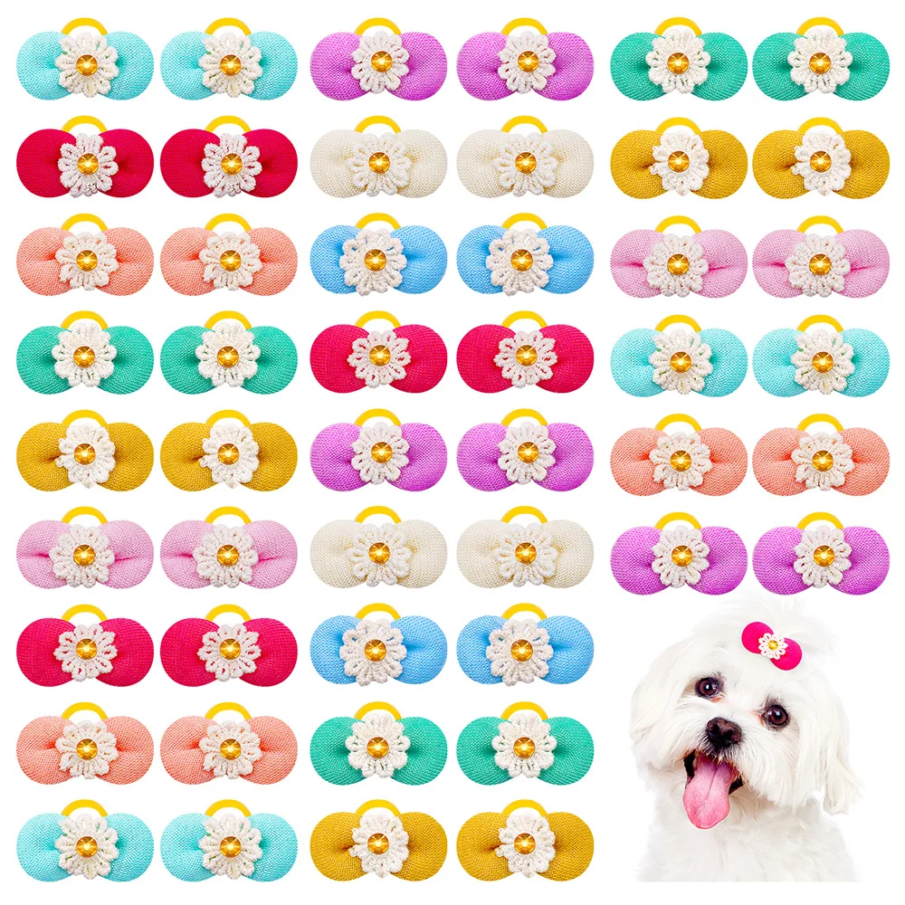

10pcs Hand-made Dog Hair Bows Cat Bowknot With Diomand Cute Colorful Dog Hair Bows Rubber Bands Pet Supplies Accessories