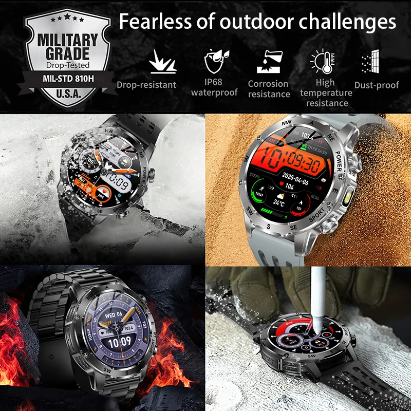 Reloj inteligente deportivo para hombre con batería de gran capacidad de 800 mAh, brújula, linterna LED, Bluetooth y función de llamada. Regalo ideal para hombres y mujeres._voghion.com