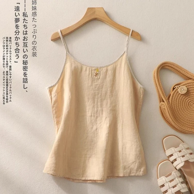 Retro Cotton Linen Tank Top Women Summer New Loose Sleeveless Spaghetti Strap T-shirt Solid Casual Vest Embroidered Top Women